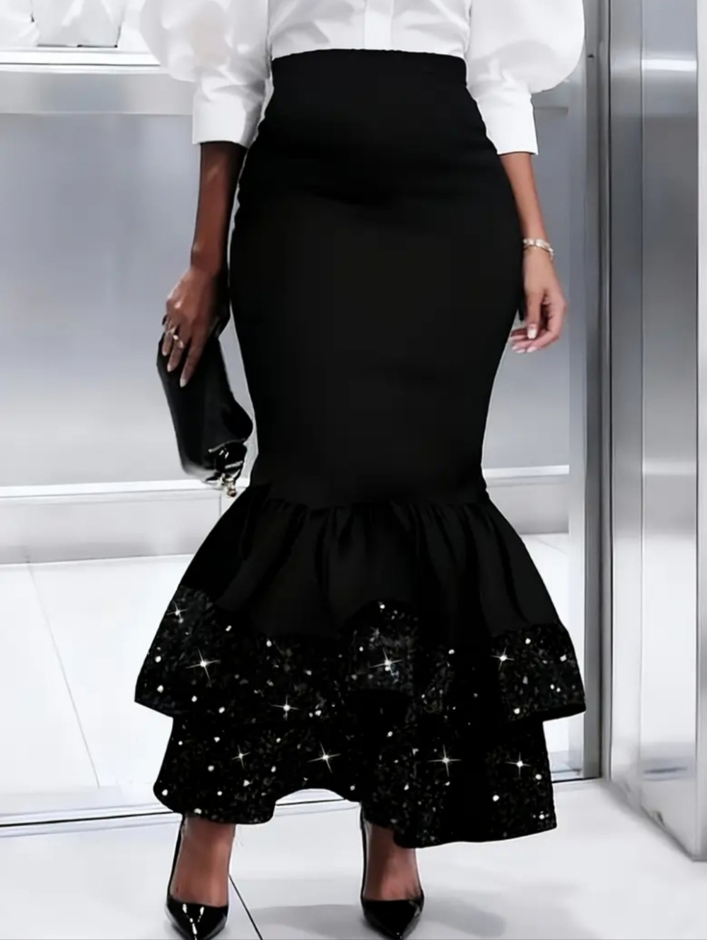 Elegant Black Mermaid Ruffle Skirt with Sequin Hem